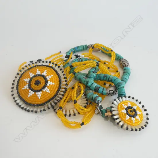 AMERICAN INDIAN NAVAJO NECKLACES (I) NATURAL TURQUOISE (II) VINTAGE TUBE GLASS BEADS. (WITH EARRINGS)