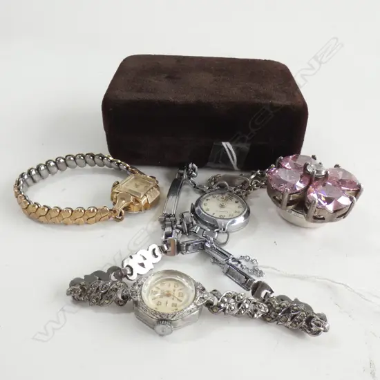 4 VINTAGE LADIES WATCHES INCL BULOVA & RUMOURS PINK GLASS FLOWER POCKET WATCH