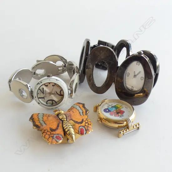 4 VINTAGE LADIES WATCHES INCL BUTTERFLY PENDANT / SESAME STREET & RUMOURS ENAMEL WATCH