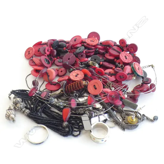 BAG BEAD & BUTTON NECKLACES + ENAMEL & PAUA RINGS, EARRINGS ETC..