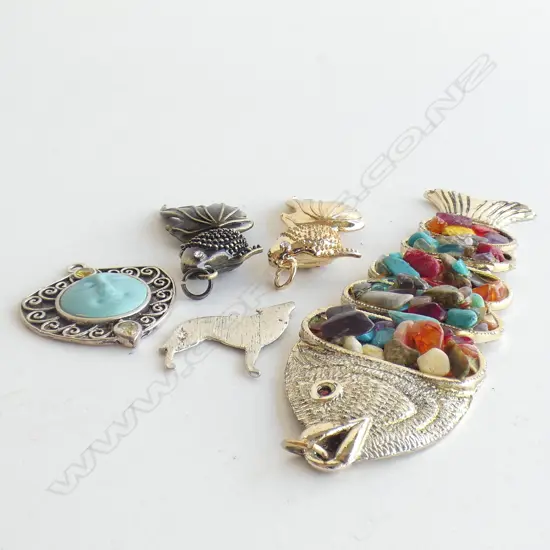4 1960'S PENDANTS; INCL LG MIXED STONE FISH + ONE OTHER