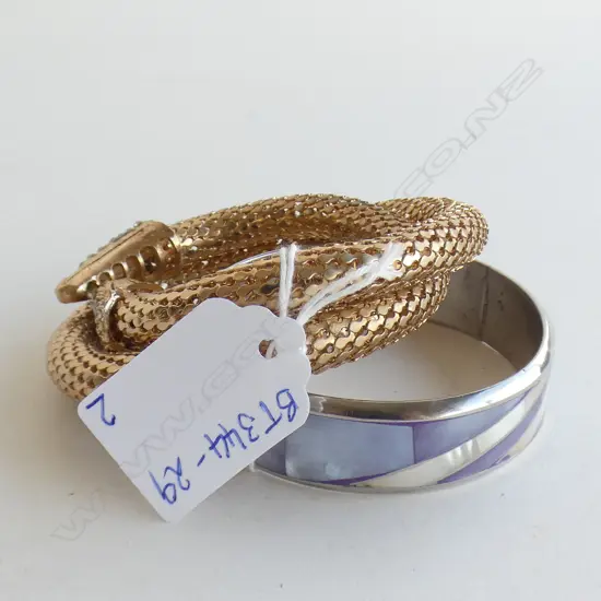 GOLD TONE & DIAMANTE SPIRAL SNAKE BRACELET & PURPLE ENAMEL BANGLE 