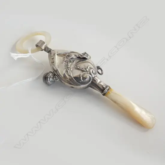 SILVER BABY RATTLE 2 BELLS WITH M.O.P RING a/f