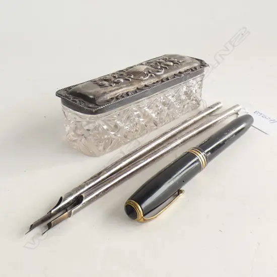 STG TOPPED CRYSTAL CONTAINER + 2 STG PENS + CONWAY STEWART 14CT NIB PEN