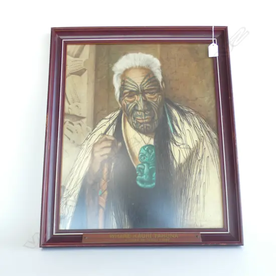 VINTAGE C.F. GOLDIE HAND COLOURED PRINT 'WHARE KAURI TAHUNA' 500x400mm FRAMED