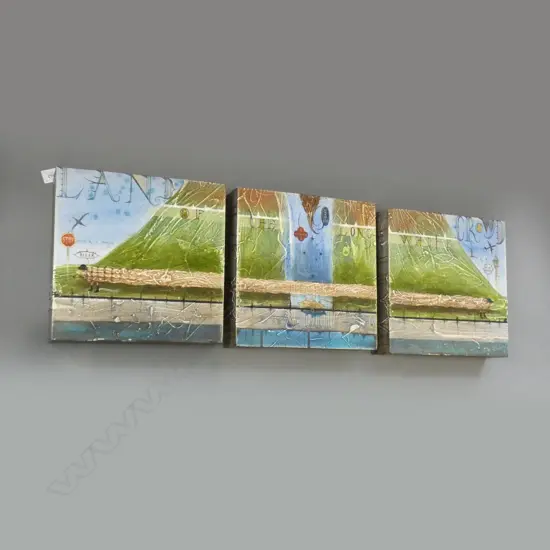 DEAN RAYBOULD TRIPTYCH 'LAND OF THE LONG WHITE CLOUD' MIXED MEDIA 310x310mm