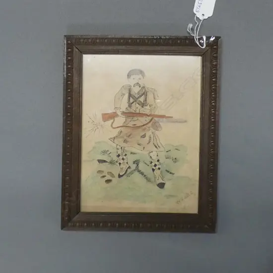 W GOULD PENCIL & W/C WWI SCOTTISH SOLDIER IN ACTION SIGNED