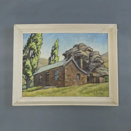 E STEVENS OIL EARLY BRICH COTTAGE & ROCK 290x390mm