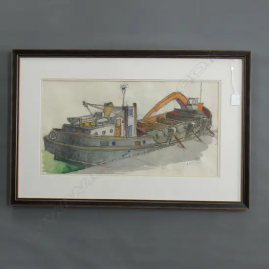 RON STENBERG BARGE GRAPHITE AND WATERCOLOUR 270x500mm