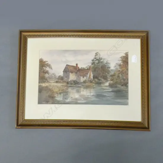 A.A. PROUT W/C THATCHED HOUSE & LAKE SIGNED 260 x 425mm