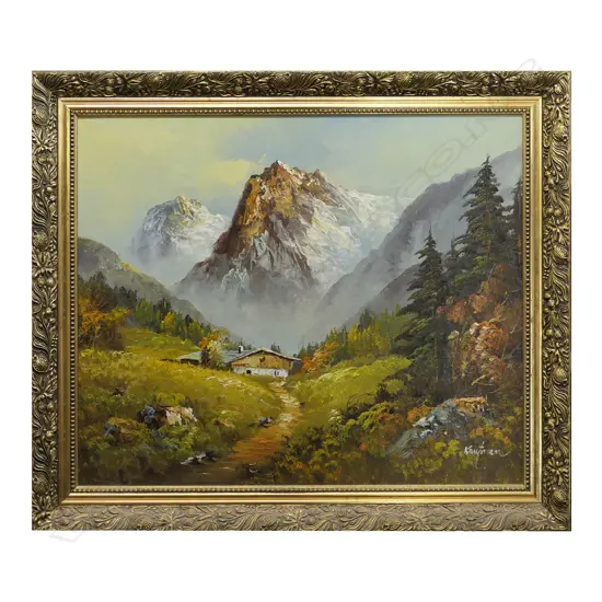 SIGNED SWISS MOUNTAIN SCENE OIL 500x590mm GILT FRAME
