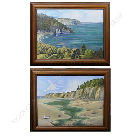 2 ARTWORKS BY M. HOLDSWORTH 'MOTUIHE ISLAND' & 'KAWAU ISLAND' OIL 450x600mm