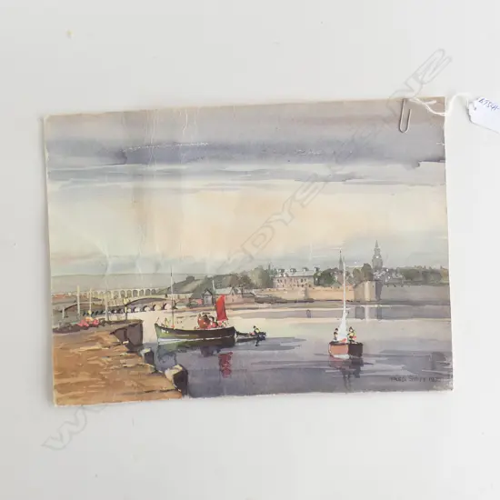 FRED STOTT (1910-2006 SCOTTISH) W/C RIVER SCENE W BOATS A.F