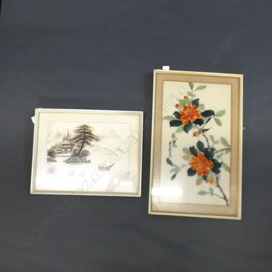 2 ORIENTAL ARTWORKS; EMBROIDERED LANDSCAPE + FLORAL W/C ON FABRIC 450x255mm