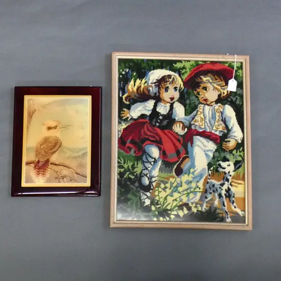 WOODEN ENAMELLED FRAMED KOOKABURRA  (245 X 315MM) + VINTAGE FRAMED TAPESTRY (460 X 360MM)