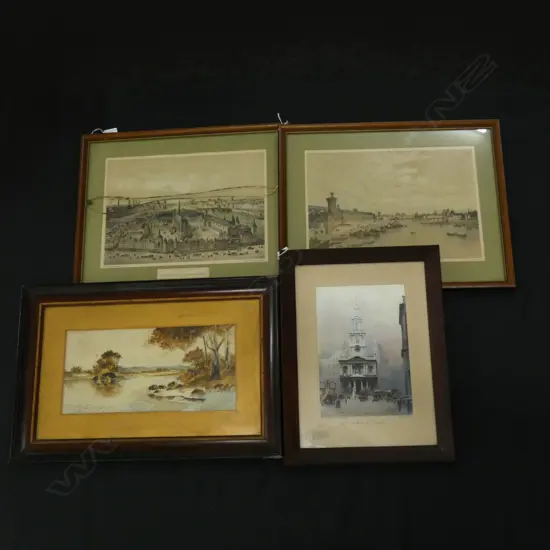 4 ARTWORKS; LANDSCAPE W/C 175x360mm + 3 PRINTS; CHURCH, 2x PARIS 