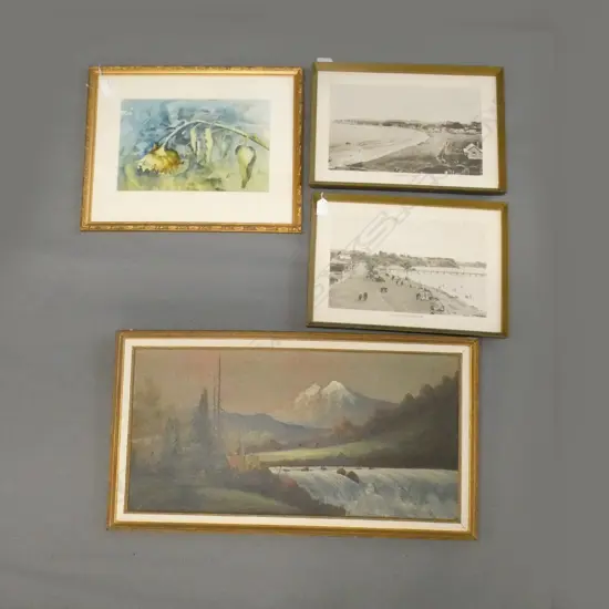 4 ARTWORKS; PR ST. HELIERS PRINTS, SUNFLOWER W/C E. DAVIDSON, SIGNED MT SHASTA OIL
