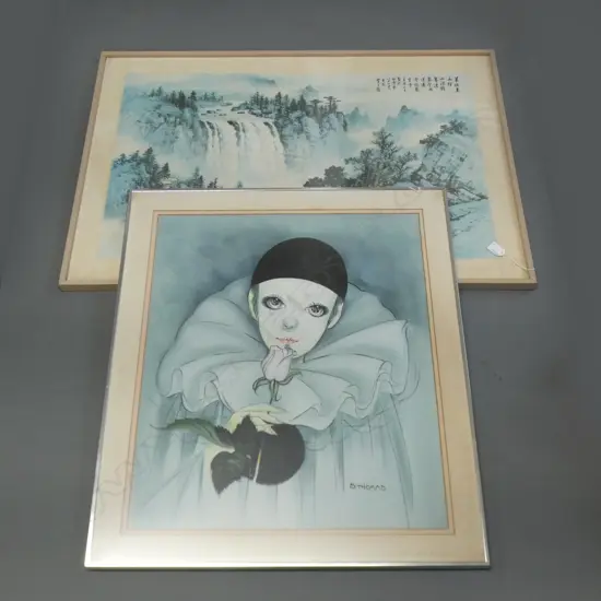TWO FRAMED PRINTS; 1 S THOMAS PIERROT & ORIENTAL SCENE W CALLIGRAPHY (540 X 830MM)