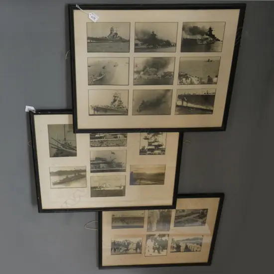 3 FRAMED COLLECTIONS OF WWII PHOTOS; BATTLESHIPS ETC 475x595mm