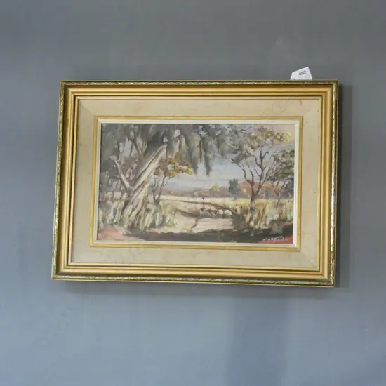 OIL ON BOARD - BUSH & SHEEP SCENE BY JOHN MATHAN 330 X 210MM