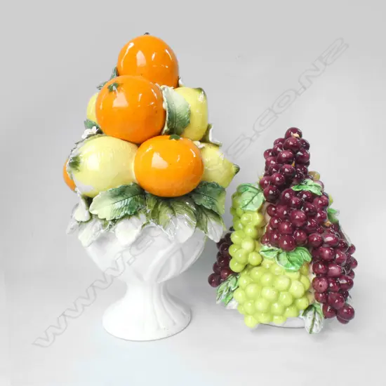 RETRO PORCELAIN ORANGE & LEMON FRUIT BOWL (340MM) + LID OF GREEN & RED GRAPES (H 260MM)