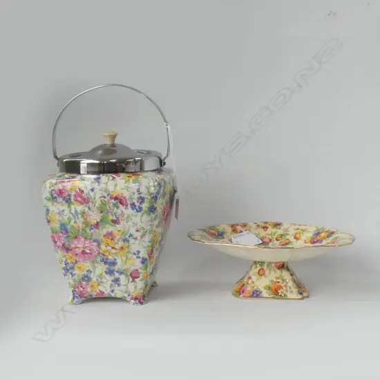 MIDWINTER AOF BISCUIT BARREL W CHROME LID & ROYAL WINTON EVESHAM FOOTED BOWL (L180MM)