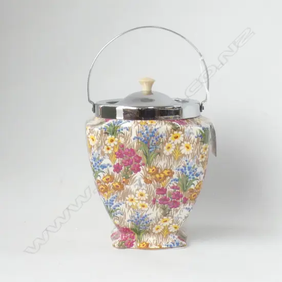 ROYAL WINTON MARGUERITE AOF BISCUIT BARREL WITH CHROME LID, HANDLE & RIM H 245MM EXCELLENT CONDITION