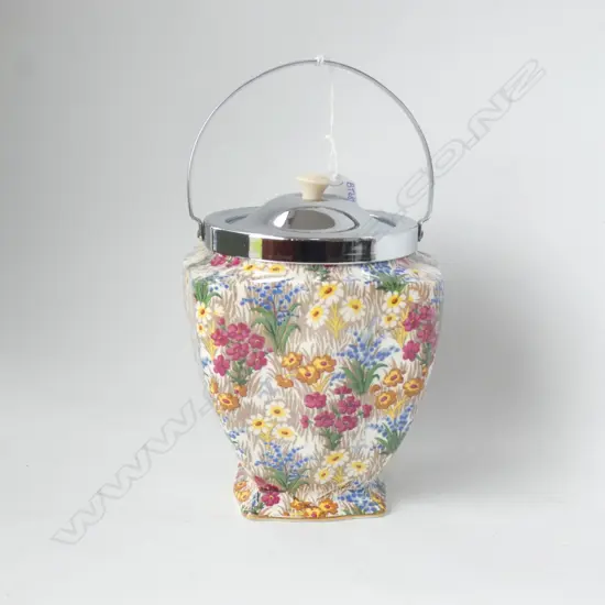 ROYAL WINTON MARGUERITE AOF BISCUIT BARREL WITH CHROME LID, HANDLE & RIM H 245MM EXCELLENT CONDITION