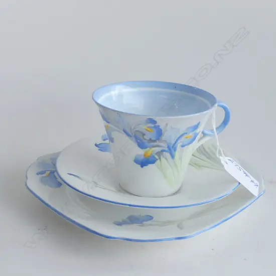 SHELLEY CUP SAUCER PLATE RING HANDLE BLUE IRIS