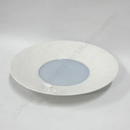 LG ROSENTHAL BJORN WIINBLAD PLATE; WHITE BISQUE EMBOSSED RIM WITH BLUE CENTRE  DIA 320MM