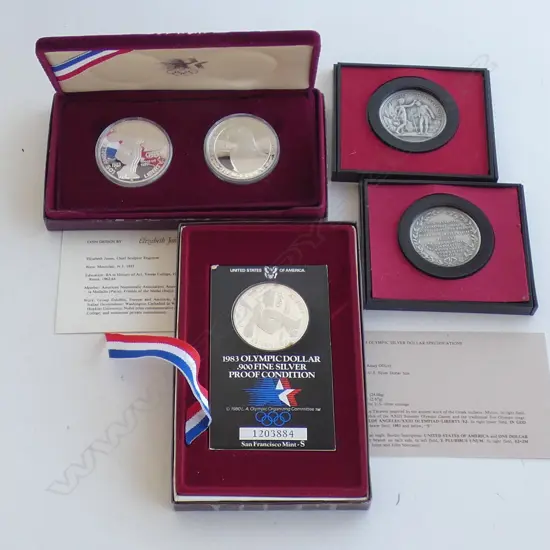 3 X USA PROOF COINS. 1975 LEE MORGAN MEDALS. 1983 $1.1983 PR OLYMPIC $1'S