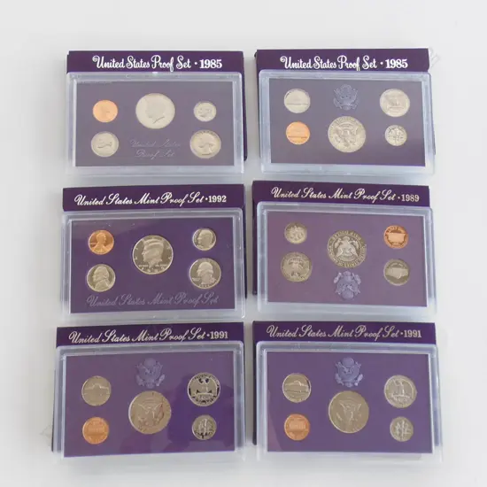 6X USA PROOF COIN SETS 1985 X2, 1989. 1991 X2 + 1992 PURPLE BOXED