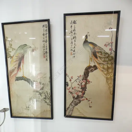 2 JAPANESE EMBROIDERED SILK PANELS, FRAMED & GLAZED, 960 x 440mm