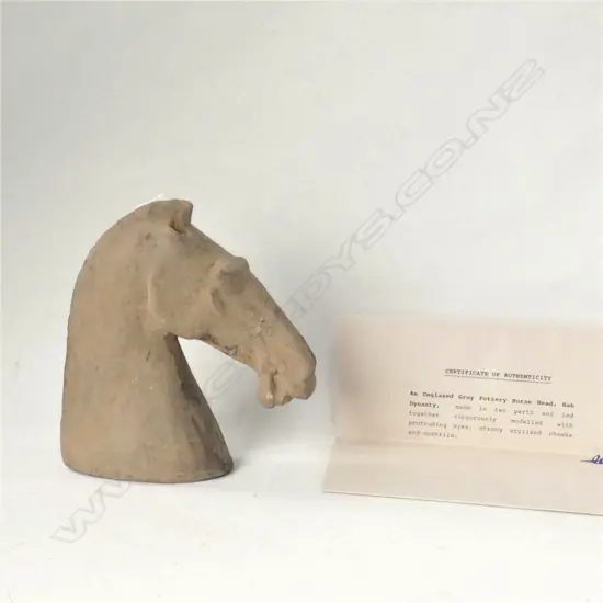 HAN DYNASTY UNGLAZED GREY POTTERY HORSE HEAD H 175MM C 206BC - 220AD WITH CERT OF AUTHENTICITY... 