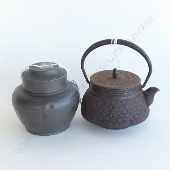 OLD ORIENTAL IRON TEAPOT & PEWTER TEA CADDY
