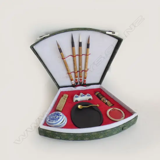 CASED CHINESE CALLIGRAPHY BOX WITH INK STONE ETC L 230 MM