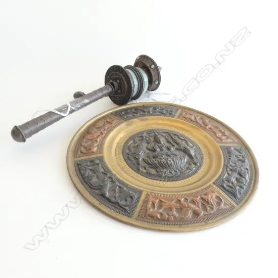 BRASS  AND COPPER INDIAN PLAQUE  WITH A METAL AND JADE TIBETAN PRAYER WHEEL D 180 MM
