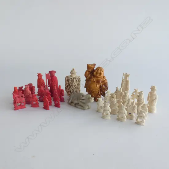 BOX PART BONE CARVED CHINESE CHESS SET + MINI CARVINGS + RESIN BUDDHA ETC