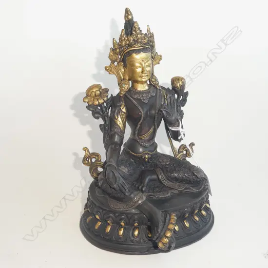 ORIENTAL SEATED BRONZE BUDDHA GILT HIGHLIGHTS H.215mm 