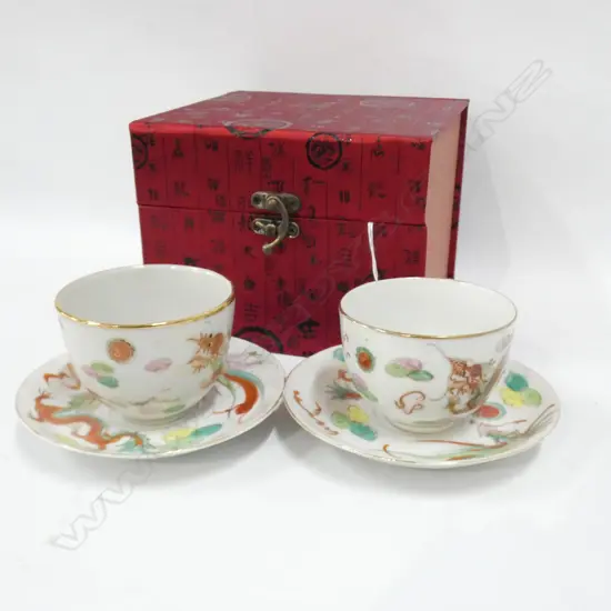 CHINESE REPUBLIC ERA (1911-1949) PR TEA CUPS & SAUCERS IN ORNAMENTAL BOX