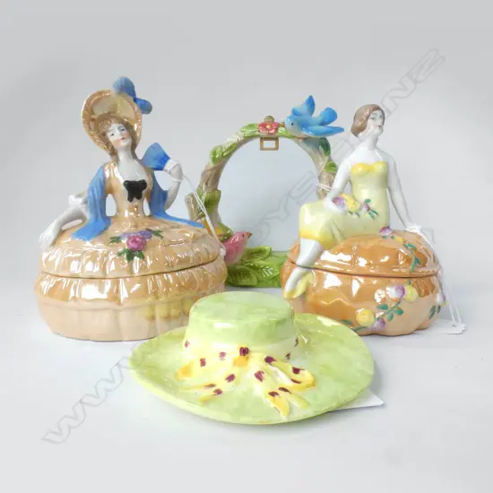 PR PORCELAIN BOXES - LADY FIGURE LIDS (DIA 110MM) + PORCELAIN HAT (DIA 100MM)  & BOWER OF BIRDS & FLOWERS 