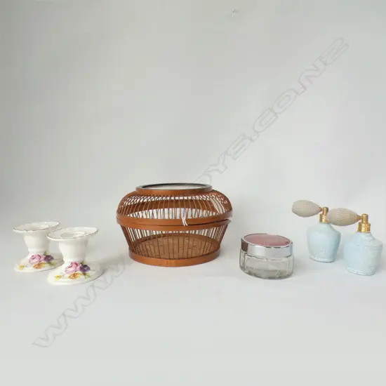 SM CANE LIDDED BOX, BUTTERFLY PRESSED LID (DIA 152MM) PR SCENT BOTTLES; PR CANDESTICKS & PINK GUILLOCHE LIDDED GLASS BOX