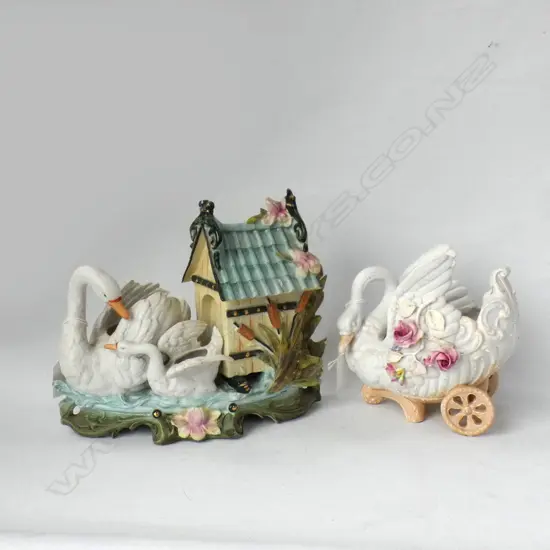 2 VINTAGE BISQUE SWAN FIGURE VASES - LARGEST L 250MM