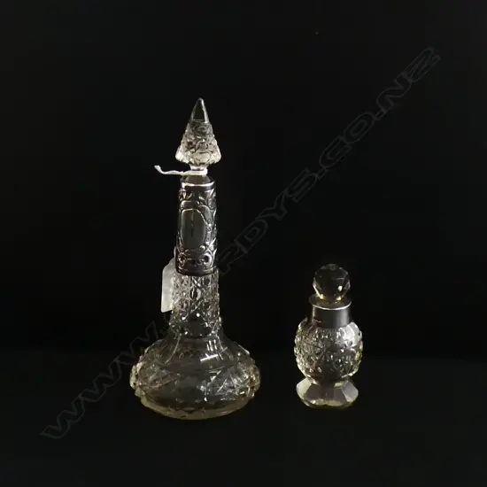 TWO CRYSTAL PERFUMES WITH SILVER COLLARS LONDON 1909