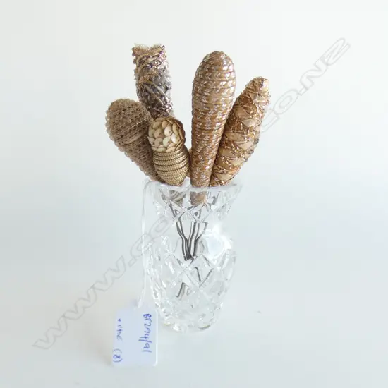 8 VINTAGE HATPINS IN GOLD TONES IN SMALL CRYSTAL VASE