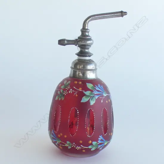 VICT CRANBERRY GLASS PERFUME BOTTLE WITH ENAMEL DECORATION H 150 MM