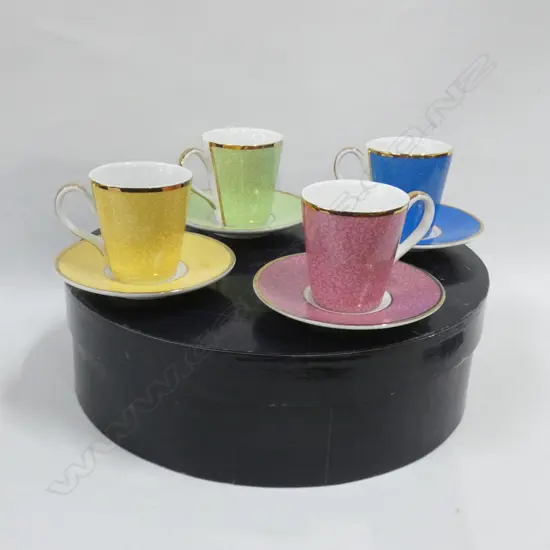ROYAL WORCESTER SET OF 4 ASST COLOURED COFFEE CUPS & SAUCERS HRH 80TH BIRTHDAY - IN ORIGINAL BOX