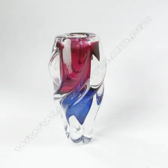CZECH PINK & BLUE HEAVY ART GLASS VASE H. 210MM