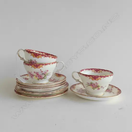 3 SHELLEY TRIOS + SPARE SAUCER. ONE PLATE HAS YELLOWING