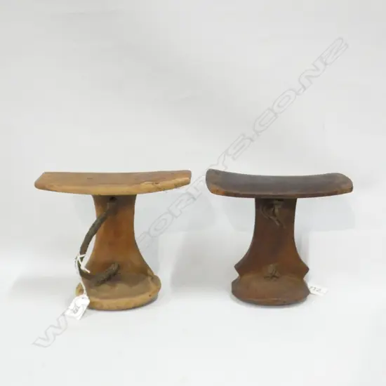 2 CARVED WOODEN AFRICAN STOOLS w. PLATED HIDE HANDLES H.170mm
